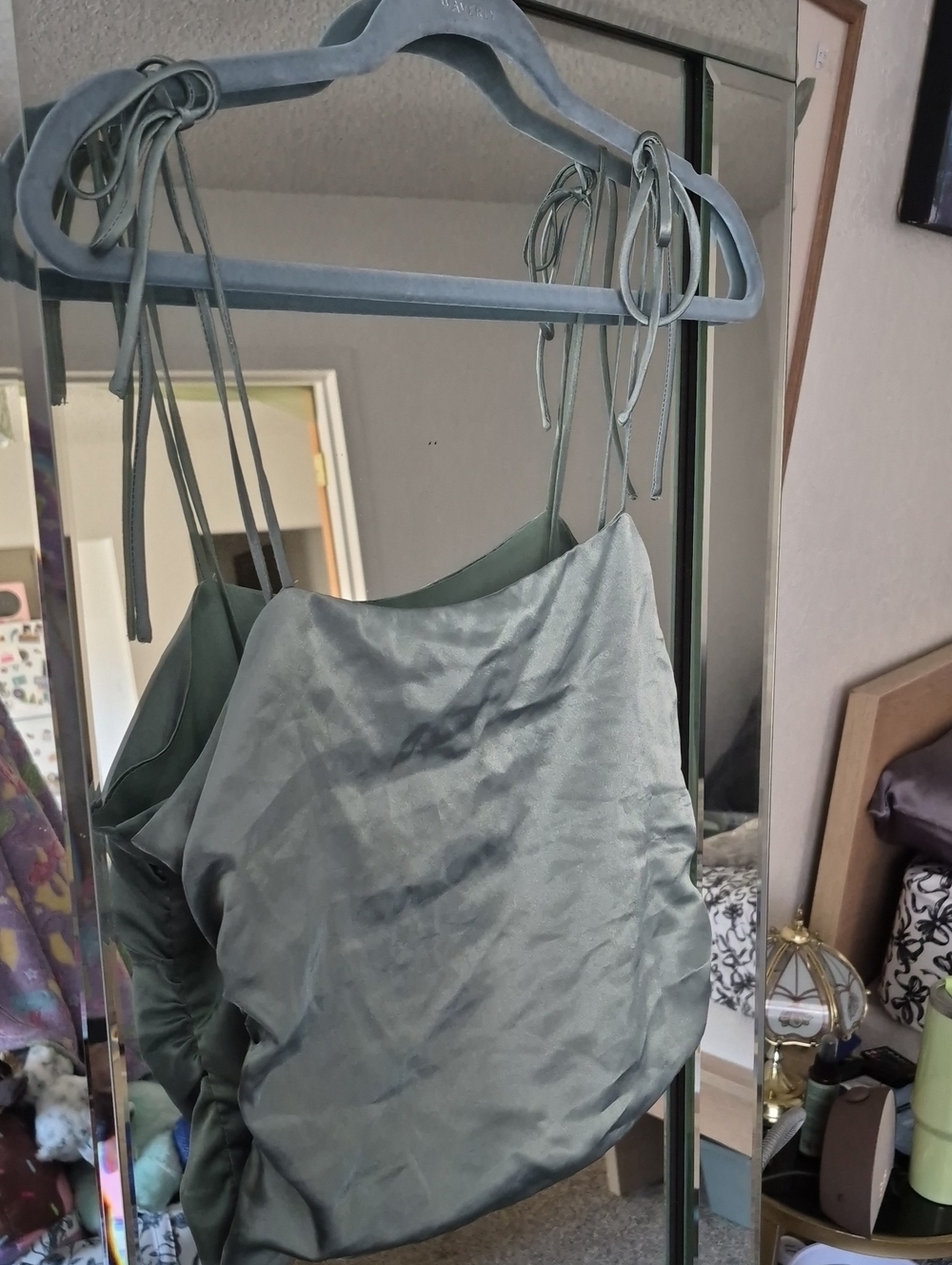 Calvin Klein Sage Green Satin Tie-Shoulder Cami